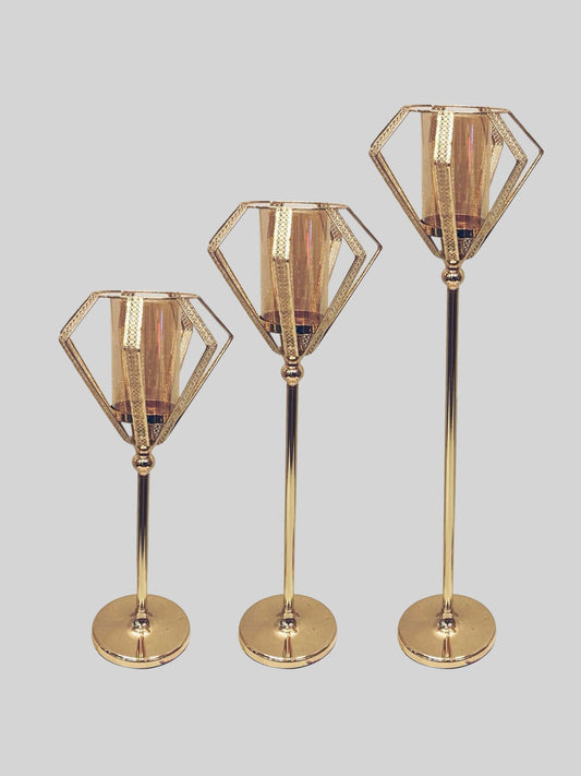 YMR-16A0065 - Set of 3 Metal Candle Holder with Hurricane Glass