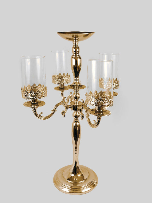 HD501-F01 - Gold Metal Candelabra 4 Arms with Hurricane Glass and 1 Flower Riser 30"