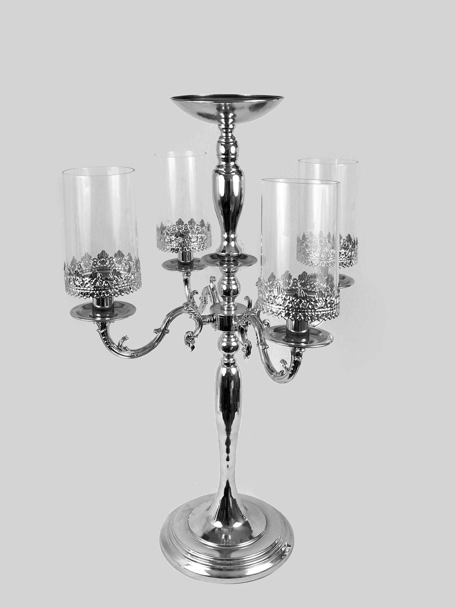 HD501-F01 - Gold Metal Candelabra 4 Arms with Hurricane Glass and 1 Flower Riser 30"