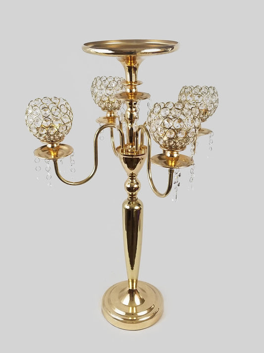 HX572 -  Gold Metal Candelabra with 4 Goblet Crystal Votive Arms and 1 Flower Riser  29"