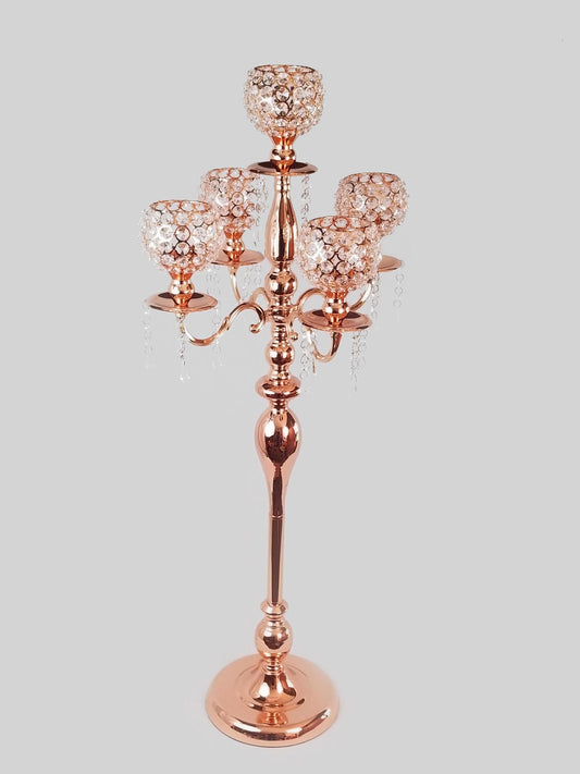 CH5437 RGD - Rose Gold Tall 5 Arm Gold Crystal Beaded Globe Metal Candelabra Candle Holder Set 40"