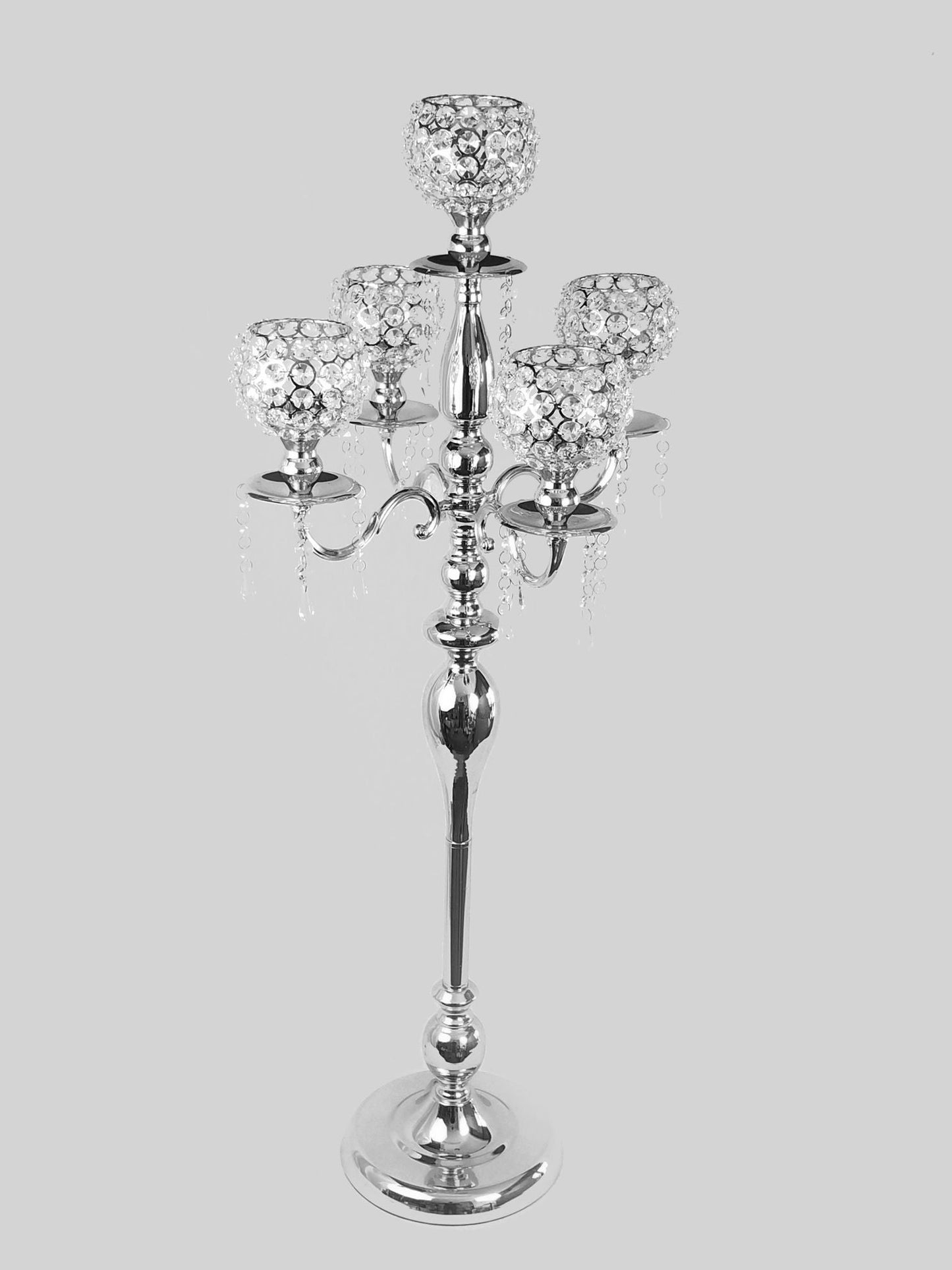 CH5436 SL - Silver Tall 5 Arm Gold Crystal Beaded Globe Metal Candelabra Candle Holder Set