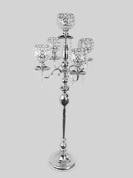 CH5436 SL - Silver Tall 5 Arm Gold Crystal Beaded Globe Metal Candelabra Candle Holder Set