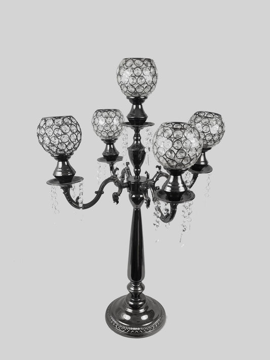 WM-1182142 - Tall 5 Arm Crystal Beaded Globe Metal Candelabra Candle Holder