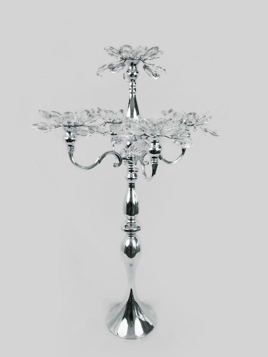 CH5455 Silver - Tall 5 Arm Gold Crystal Flower Head Metal Candelabra Candle Holder