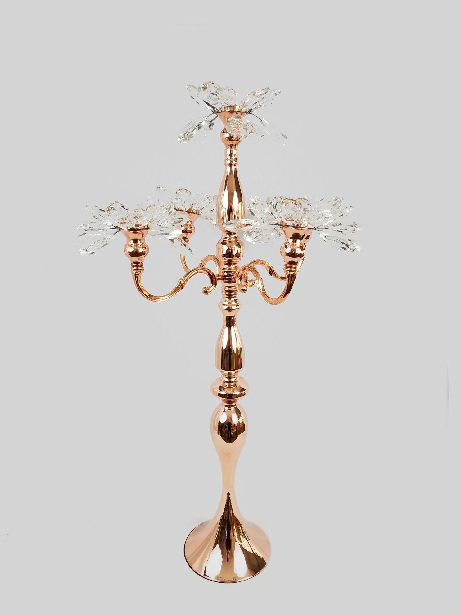 CH5456 Rose Gold -  Tall 5 Arm Gold Crystal Flower Head Metal Candelabra Candle Holder