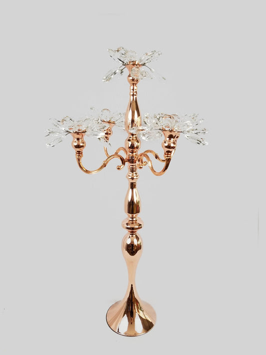 CH5456 Rose Gold -  Tall 5 Arm Gold Crystal Flower Head Metal Candelabra Candle Holder