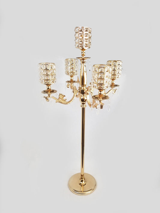 7026 - Tall 5 Arm Crystal Beaded Globe Metal Candelabra Candle Holder