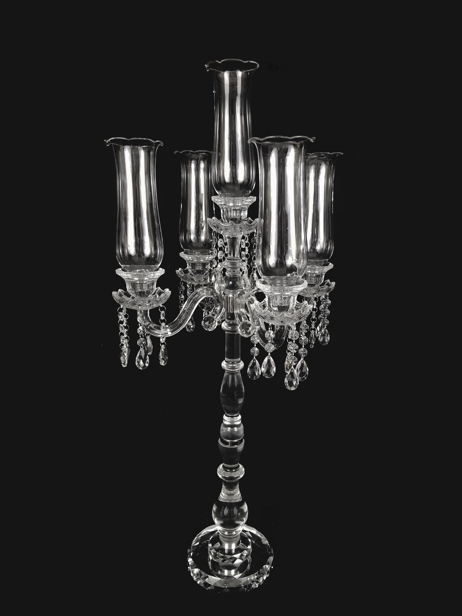 CCH1315 - Tall 5 Arm Premium Gem Cut with Hurricane Taper Crystal Glass Candle Holder 40"