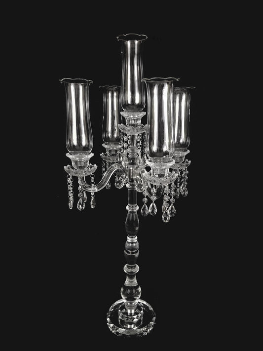 CCH1315 - Tall 5 Arm Premium Gem Cut with Hurricane Taper Crystal Glass Candle Holder 40"