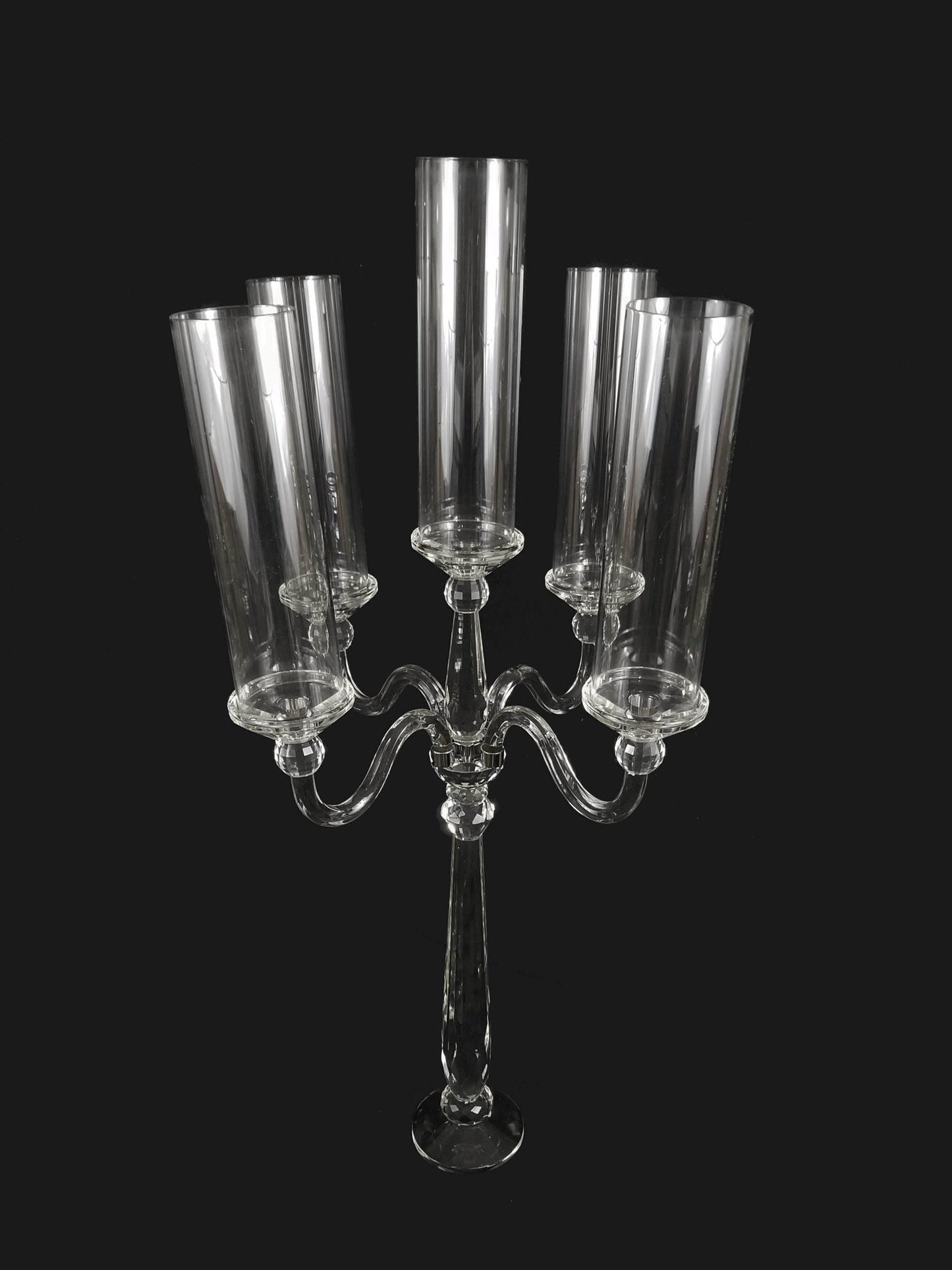 CCH8112 - Tall 5 Arm Premium Gem Cut with Hurricane Tube Crystal Glass Candle Holder 40"