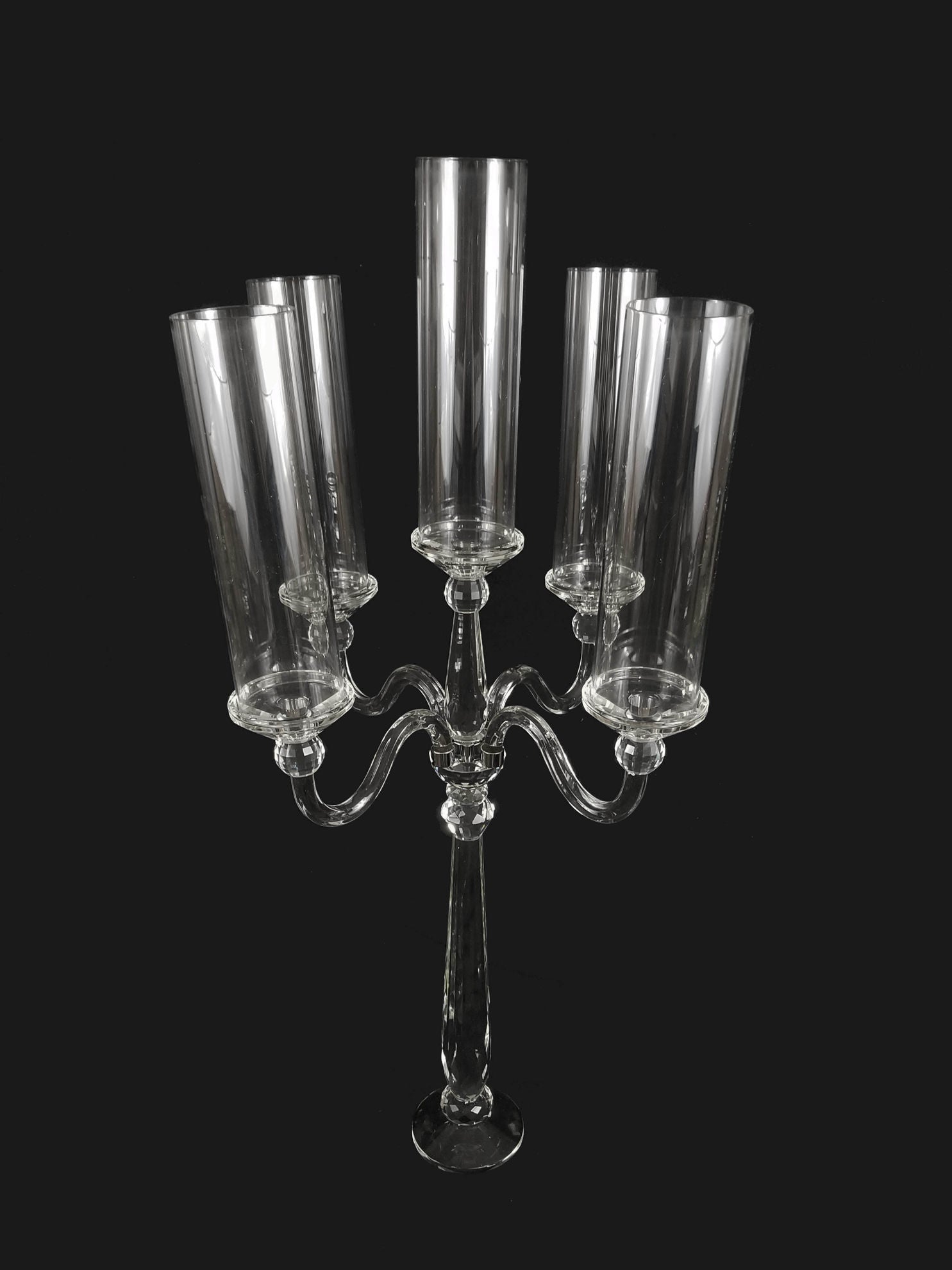 CCH8112 - Tall 5 Arm Premium Gem Cut with Hurricane Tube Crystal Glass Candle Holder 40"