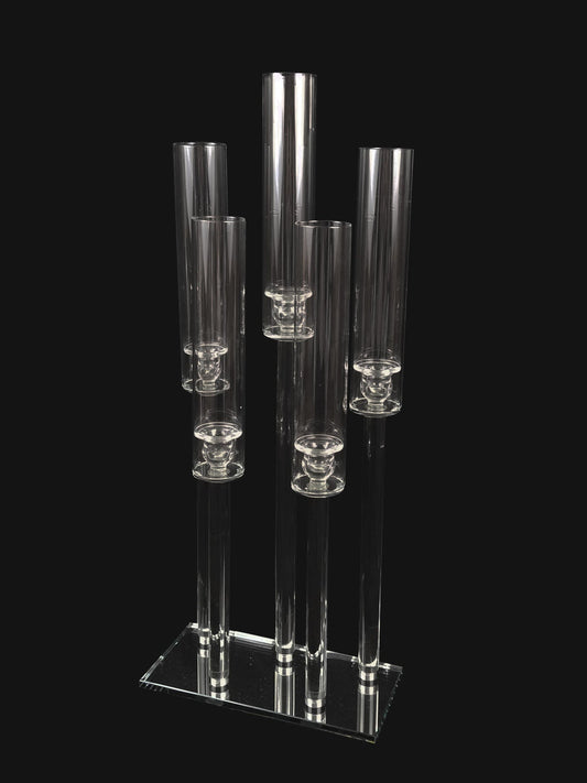CCH6668 - 5 Head Candlestick Holders  with Hurricane Tubes Wedding Table Centerpiece 38"