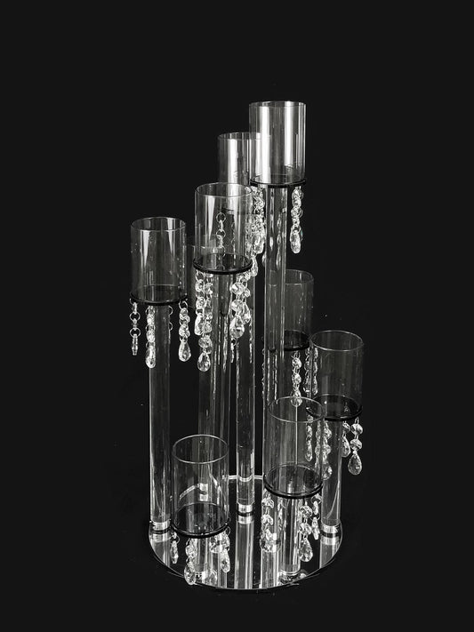 CCH8365 - 9 Head Candlestick Holders  with Dangling Crystal Wedding Table Centerpiece 22.5"