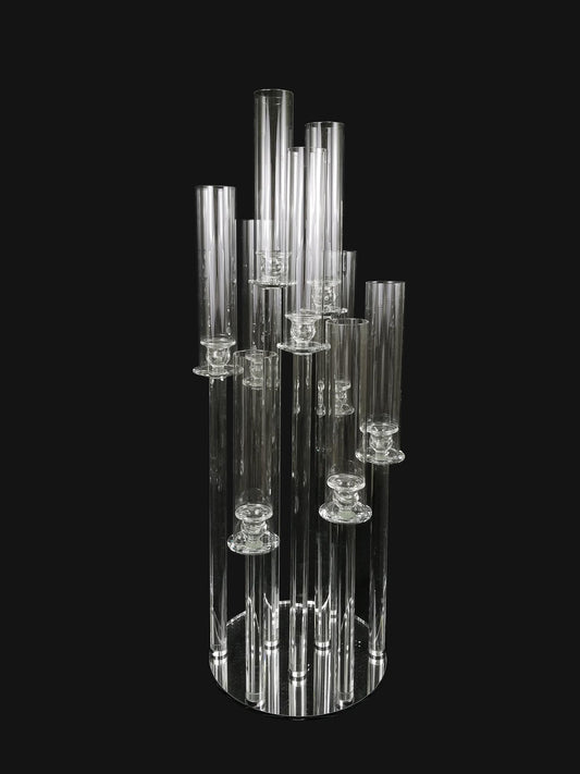 CCH6665-1S - 9 Head Candlestick Holders  with Hurricane Tubes Wedding Table Centerpiece 35"