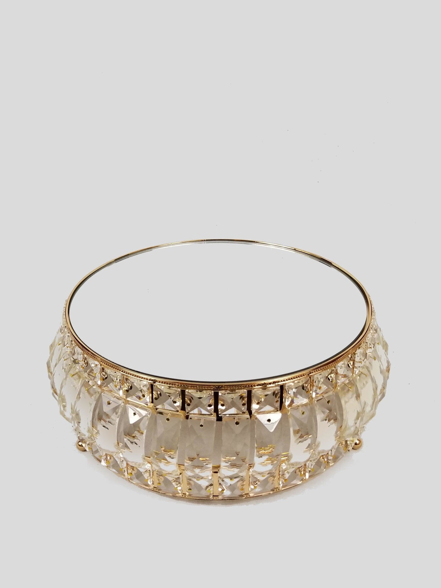 18PF0606-M -  12" Round Gold Cake Stand Crystal Beaded with Mirror Topped