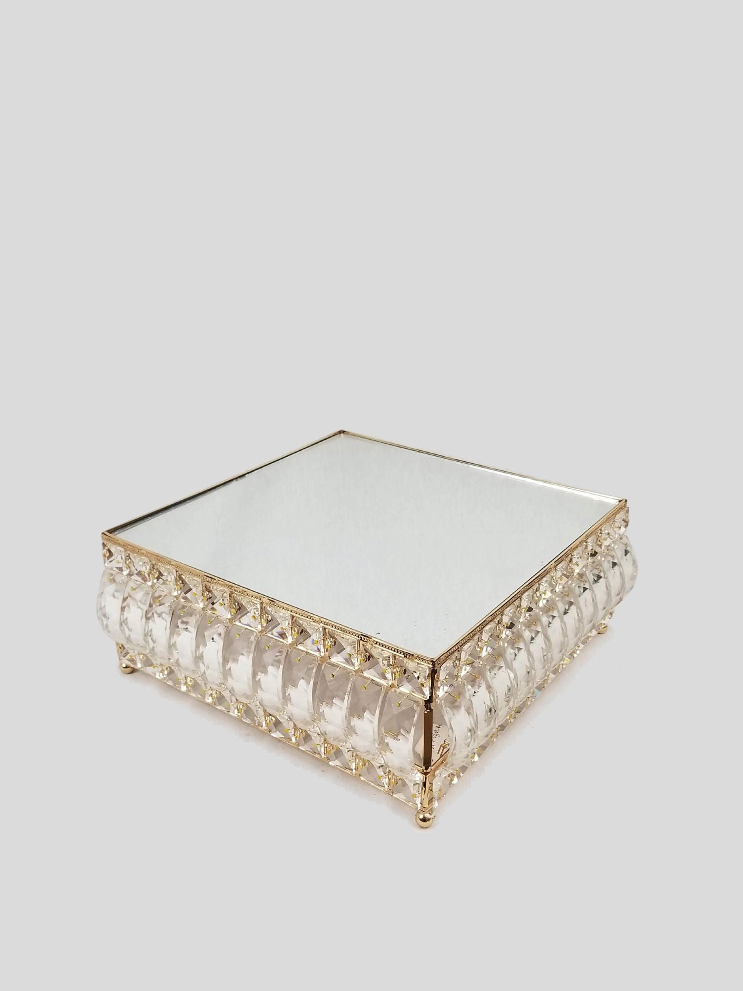 18PF0605-S - 10" Square Gold Cake Stand Crystal Beaded with Mirror Topped