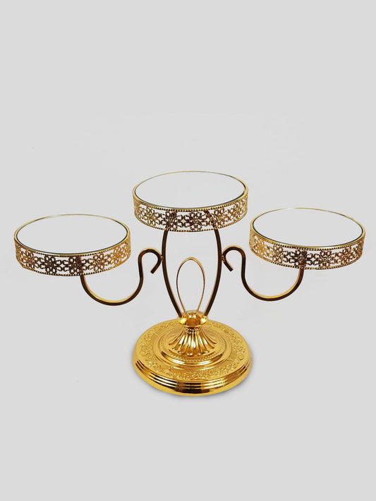 H2109 -  3 Joined Metal Gold Cake Stands with 8" Mirrored Tops