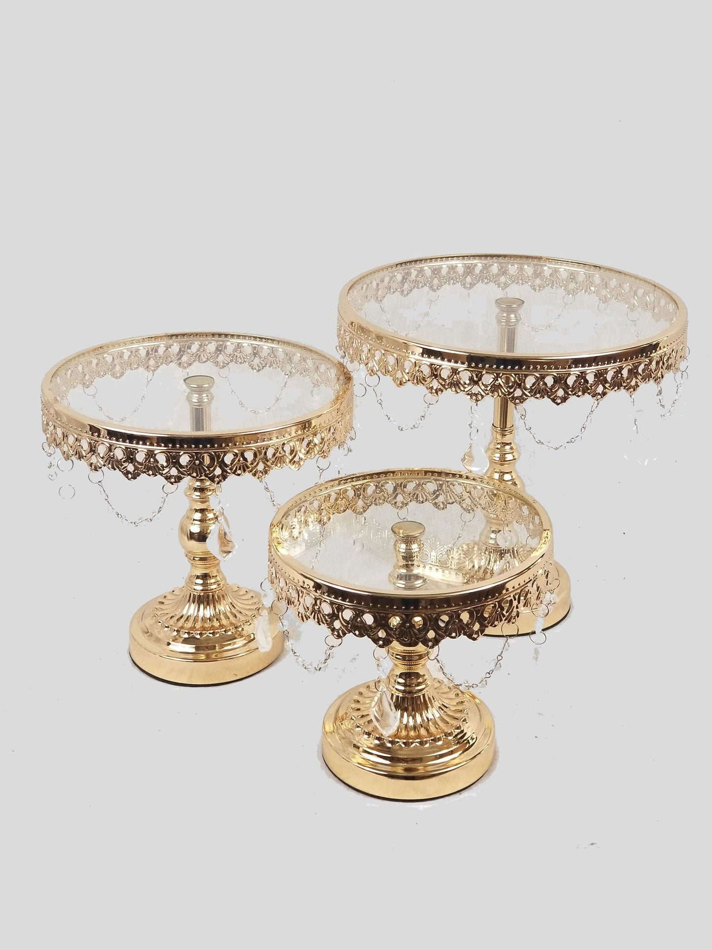 KK3 GD - Gold Set of 3 Round Metal Cake Stand With Glass Top