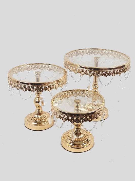 KK3 GD - Gold Set of 3 Round Metal Cake Stand With Glass Top