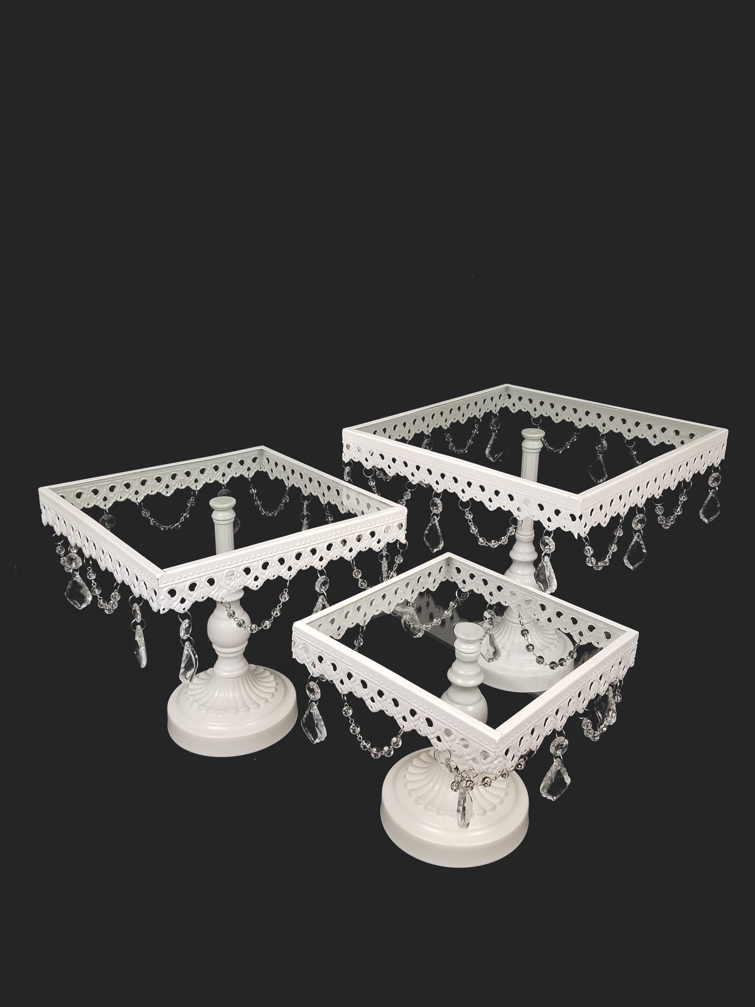 KK8 WT - White Set of 3 Square Metal Cake Stand With Glass Top