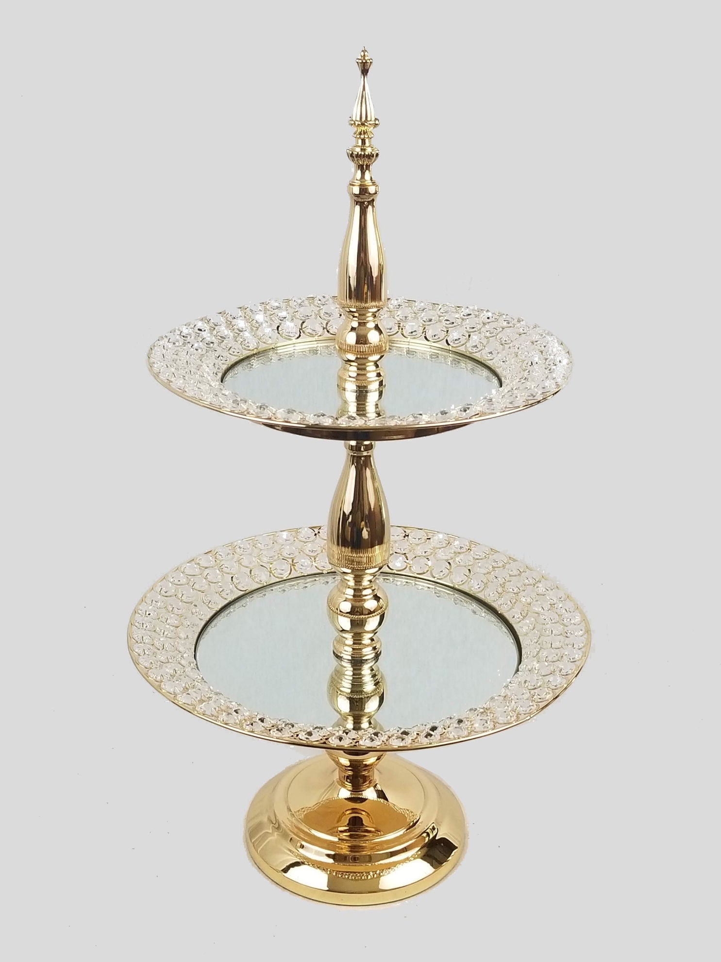 CH7011 GD - 2 Tier Gold Premium Metal and Mirror Top Cupcake Stand with Embedded Crystals