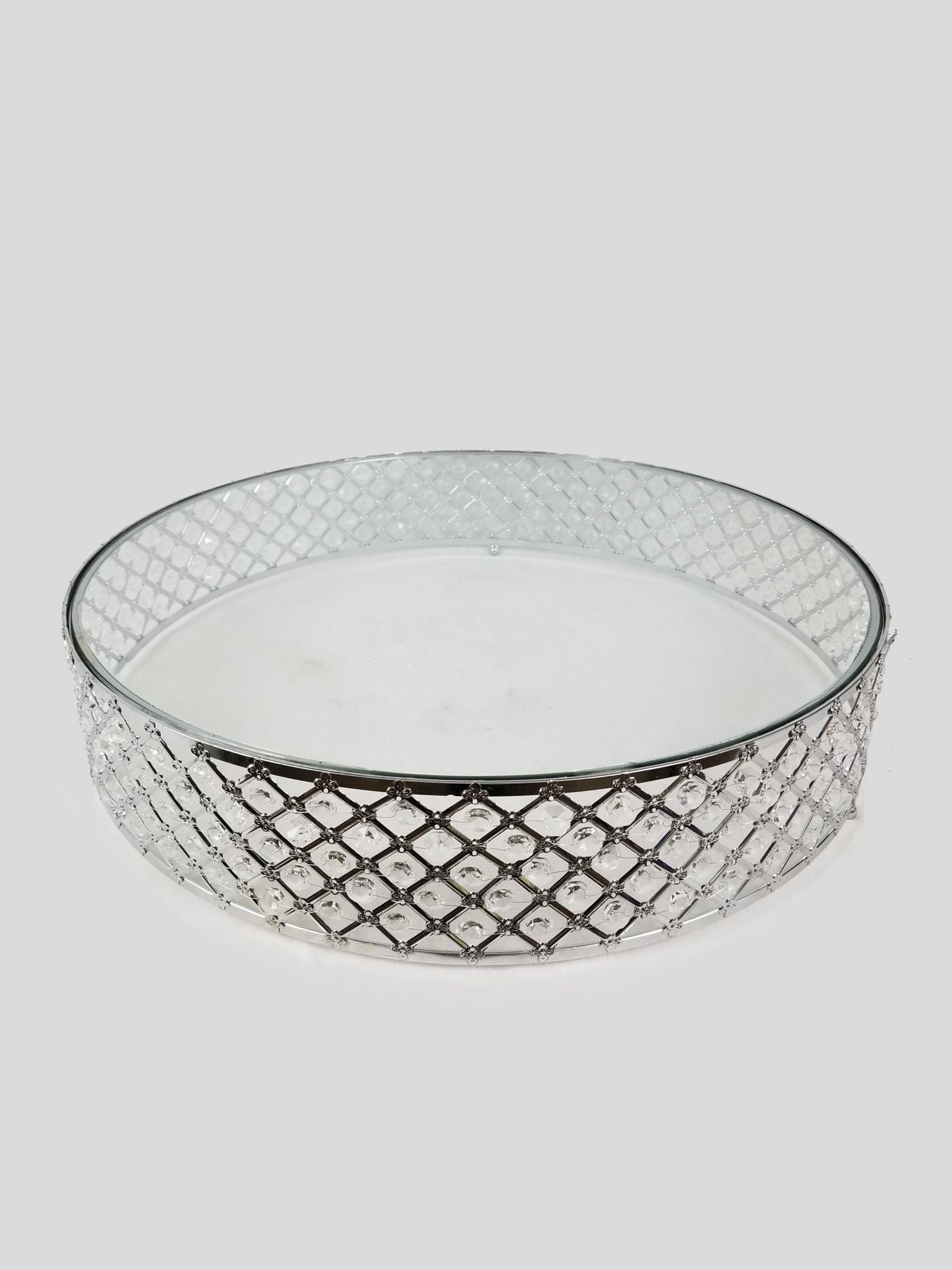 18PF0707 M/L - 18"/22" Silver Crystal Beaded Metal Riser Cake Stand with Clear Glass Top