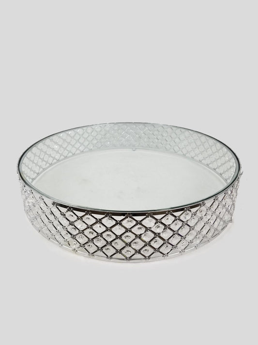 18PF0707 M/L - 18"/22" Silver Crystal Beaded Metal Riser Cake Stand with Clear Glass Top