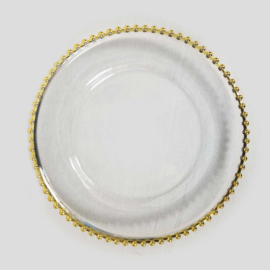 188227 GD - 13" Round Gold  Beaded Rimmed Acrylic Charger Plates