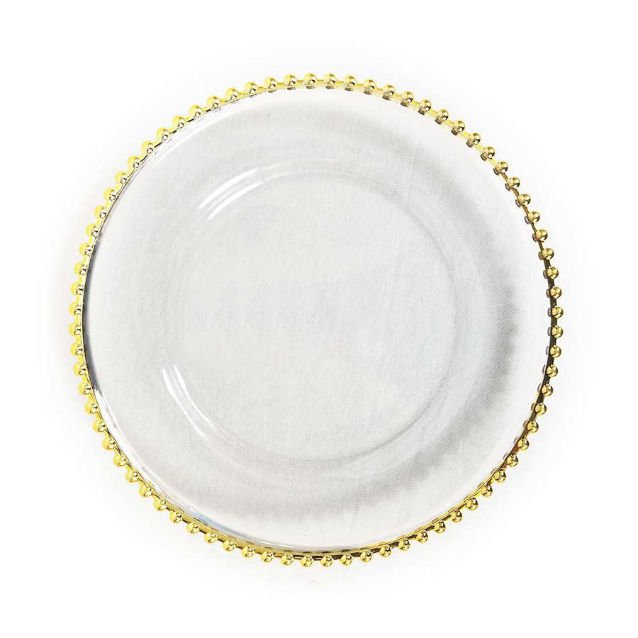 GP5428 GD - 13" Round Beaded Gold  Glass Charger Plates