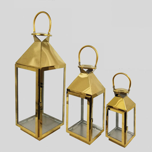 L423 Gold - Set of 3 Crown Top Stainless Steel Metal Lantern Centerpieces, Outdoor Candle Lanterns