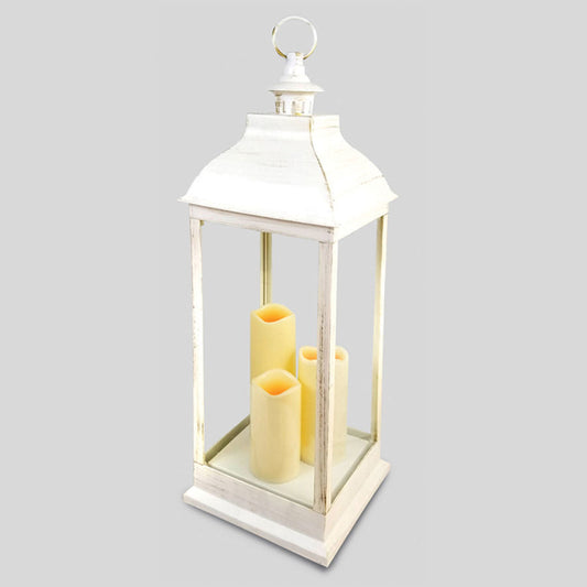 2628 - 28" Tall White  Plastic Lantern with 3 LED Candle