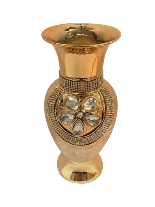 447-3U - Gold Vase Elegant Ceramic with Crystal Detail 12"