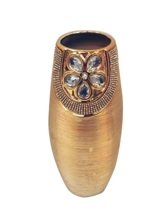 435-2U - Gold Vase Elegant Ceramic with Crystal Detail 14"
