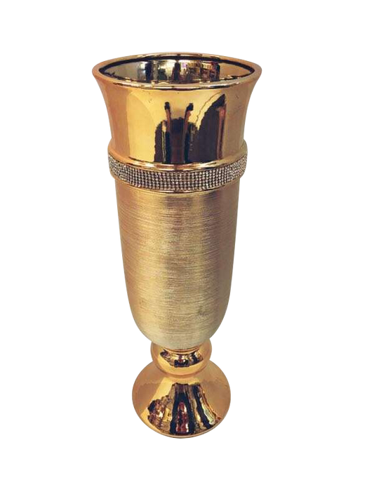 535-1 - Gold Vase Elegant Ceramic with Crystal Detail 19"