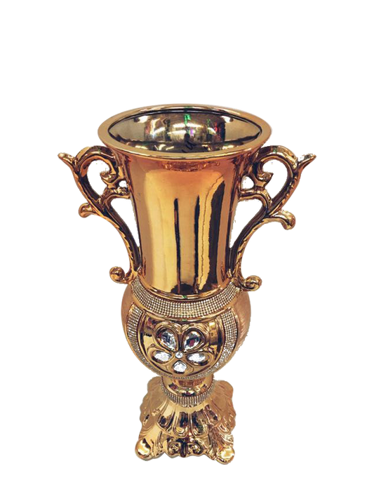 686-1U - Gold Vase Elegant Ceramic Swirl Handles  with Crystal Detail 22"