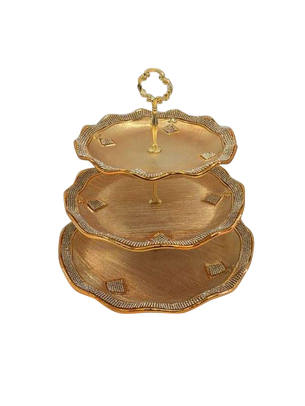 566-1-2-3 - Gold Vase Elegant Ceramic 3-Tier Cupcake Stand with Crystal Detail Tall 14"