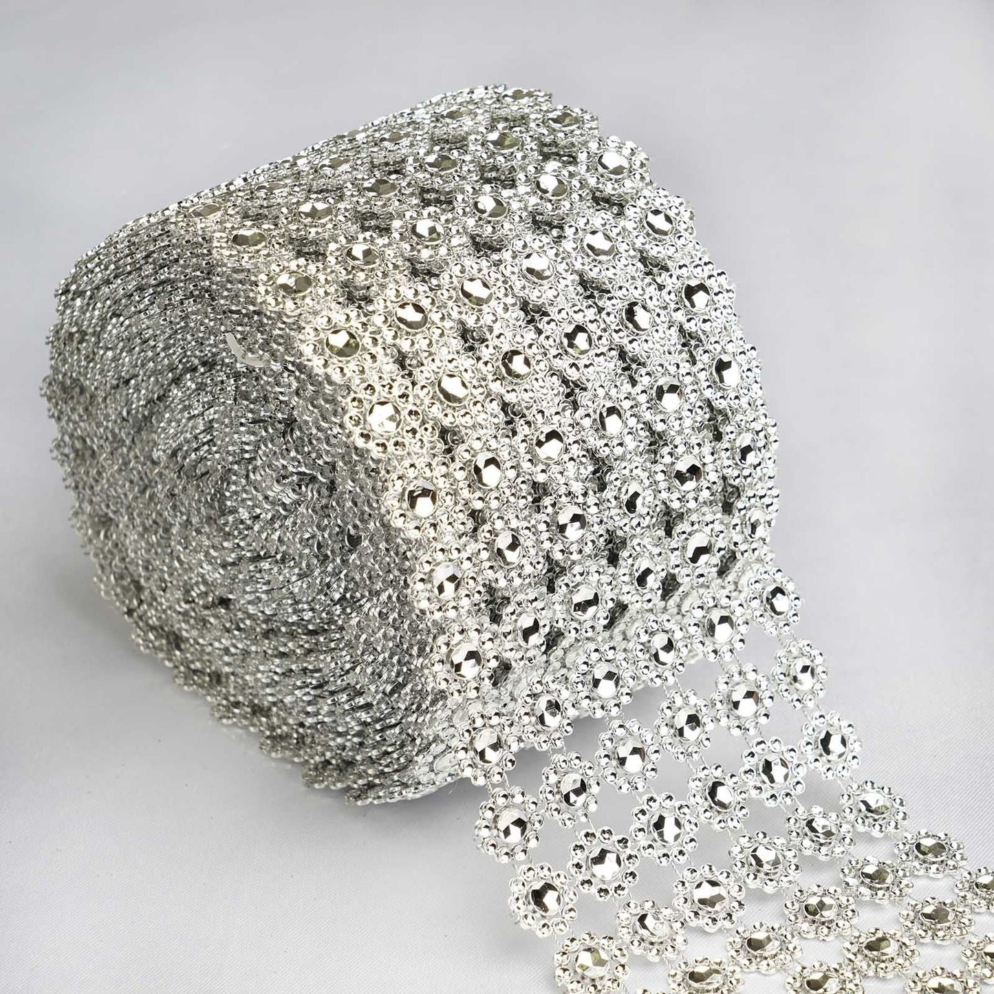 8011 K - 5" x 10 Yards Flower Diamond Rhinestone Ribbon Wrap Roll