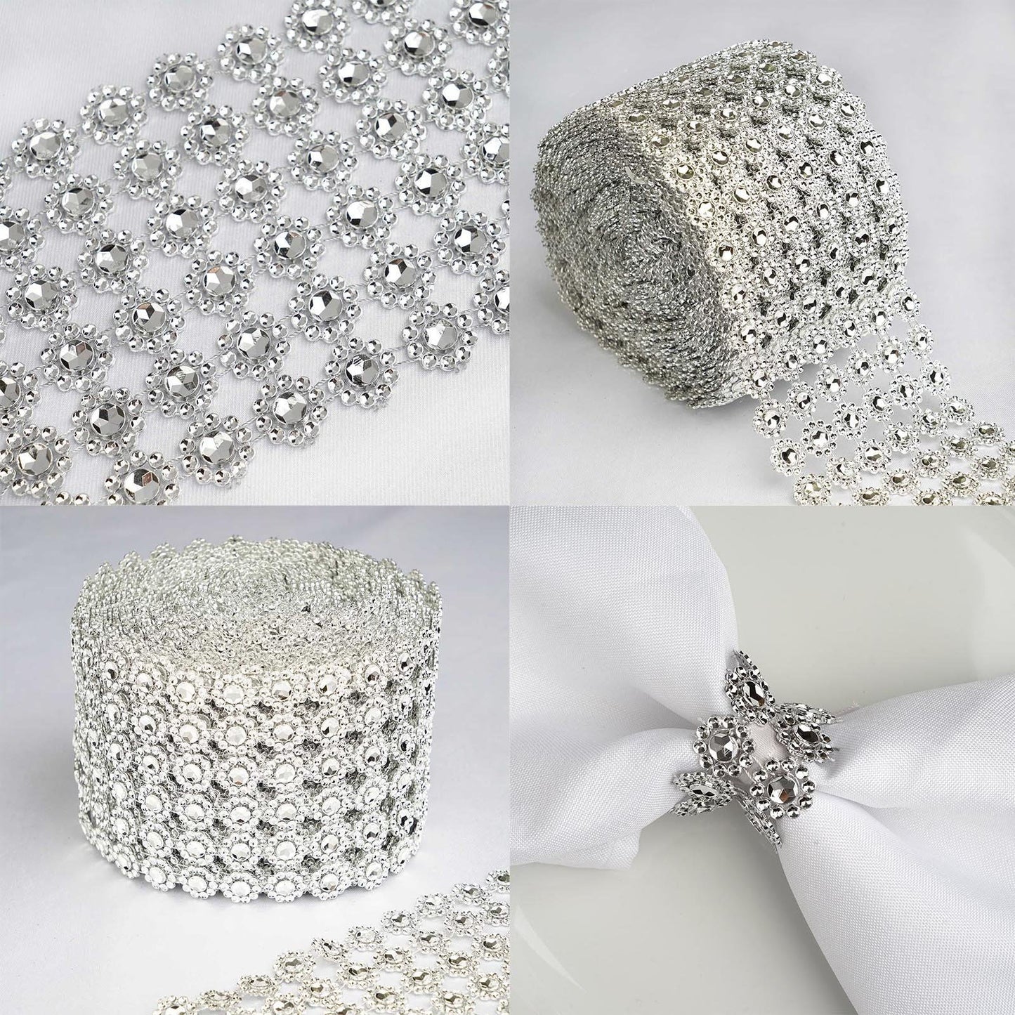8011 K - 5" x 10 Yards Flower Diamond Rhinestone Ribbon Wrap Roll