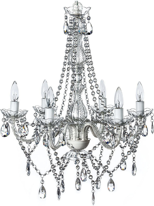 6005-6S - Silver 6 Arms Chandelier with Beaded Crystals - 23" x 21"