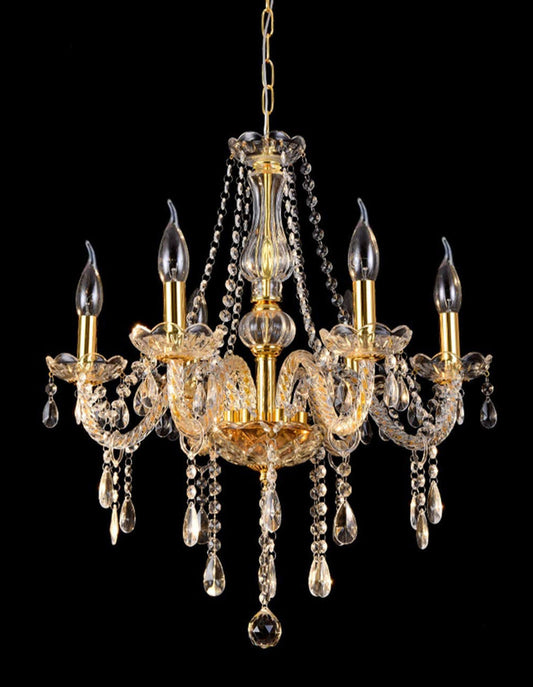 6005-6G - Gold 6 Arms Chandelier with Beaded Crystals - 23" x 21"