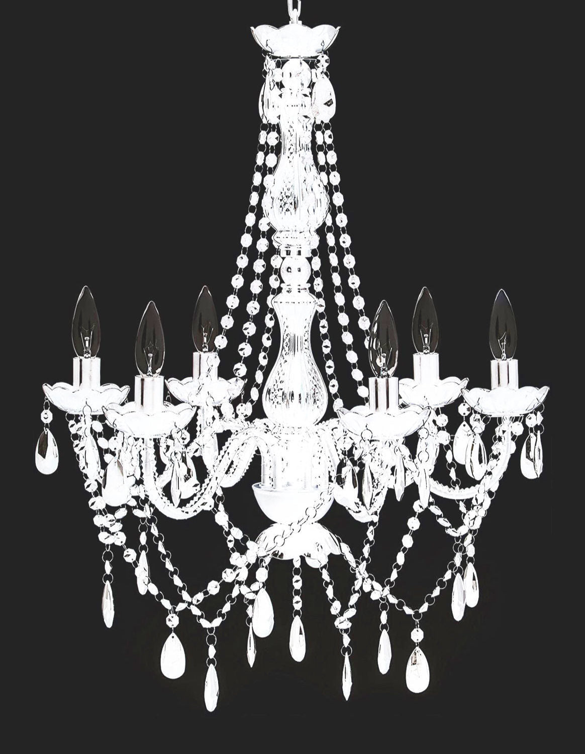 6005-6White -  White 6 Arms Chandelier with Beaded Crystals - 23" x 21"