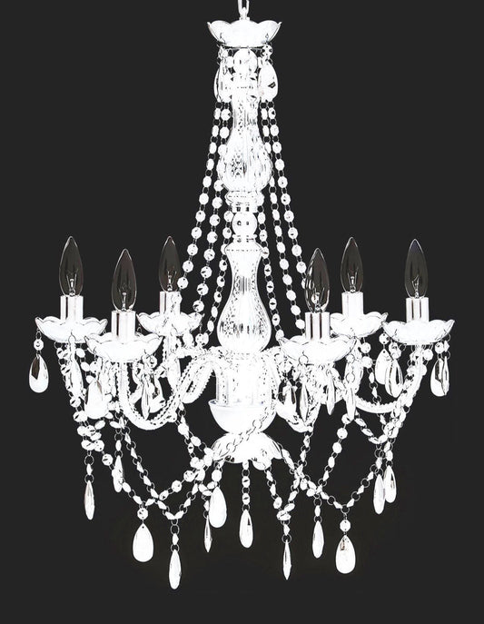 6005-6White -  White 6 Arms Chandelier with Beaded Crystals - 23" x 21"