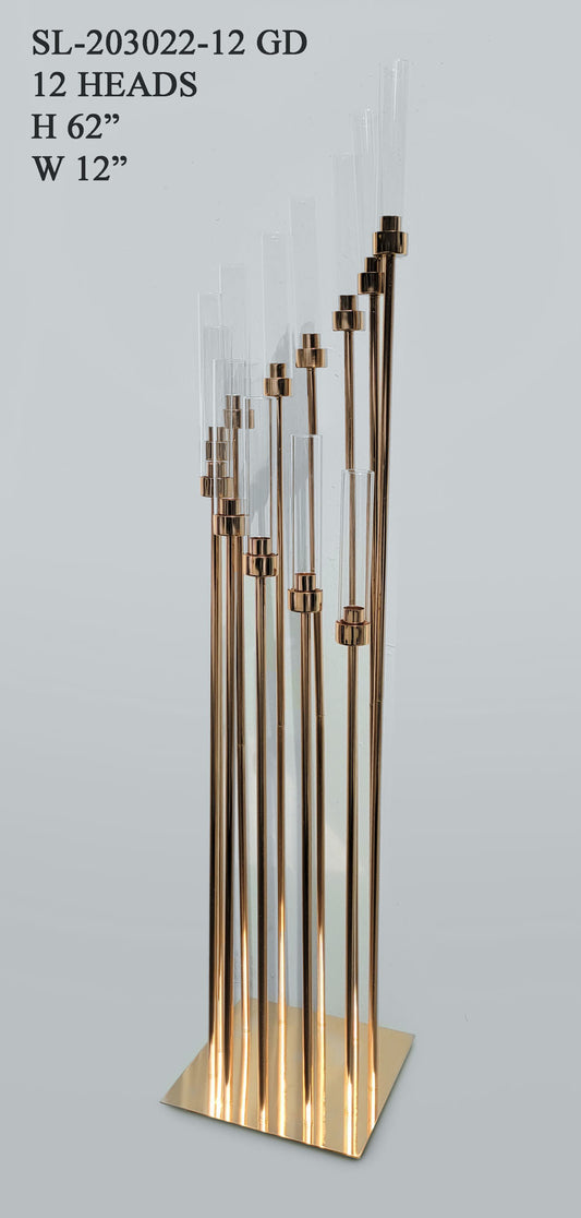 SL-203022-12 GD - 12 Heads Gold Candle Holder with Hurricane Glass Tubes