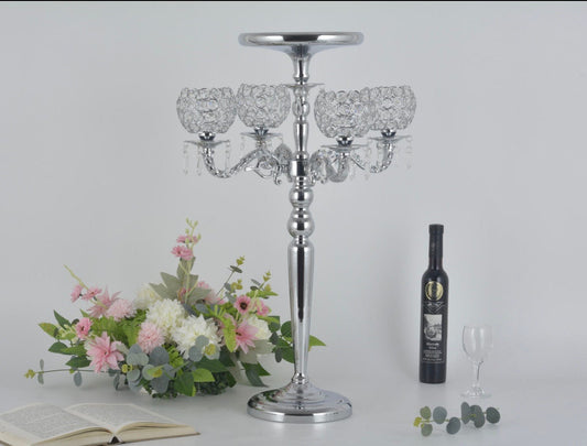 8593-7S  Metal Candle Holder with Flower Riser Top Silver 27"