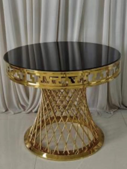 Round Table with Black Glass Top and Shiny Gold Base