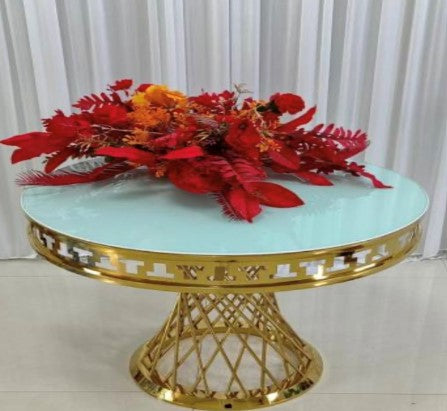 Round Table with White Glass Top and Shiny Gold Base
